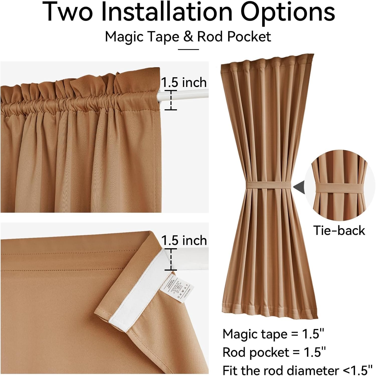 Solid Door Panel with Tieback for Door Windows and Sidelights, Rod Pocket Privacy Door Cover, 54 x 40 Inch - Image 2