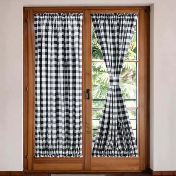 Buffalo Plaid French Door Panels with Tiebacks, Decorative Sidelight Door Covers, 25 x 72 Inch, Set of 2