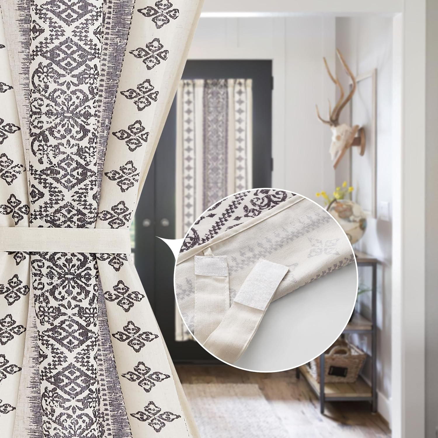 Farmhouse Linen French Door Panel, Boho Striped Privacy Door Cover with Tieback, 26 x 72 Inch - Image 2