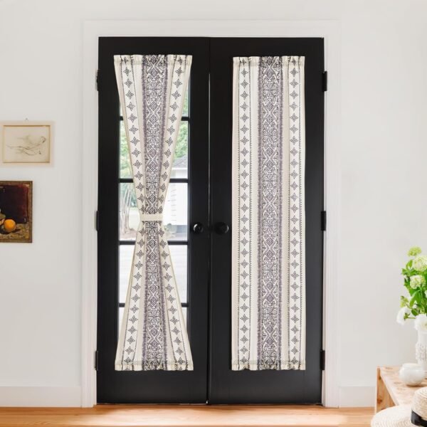 Farmhouse Linen French Door Panel, Boho Striped Privacy Door Cover with Tieback, 26 x 72 Inch