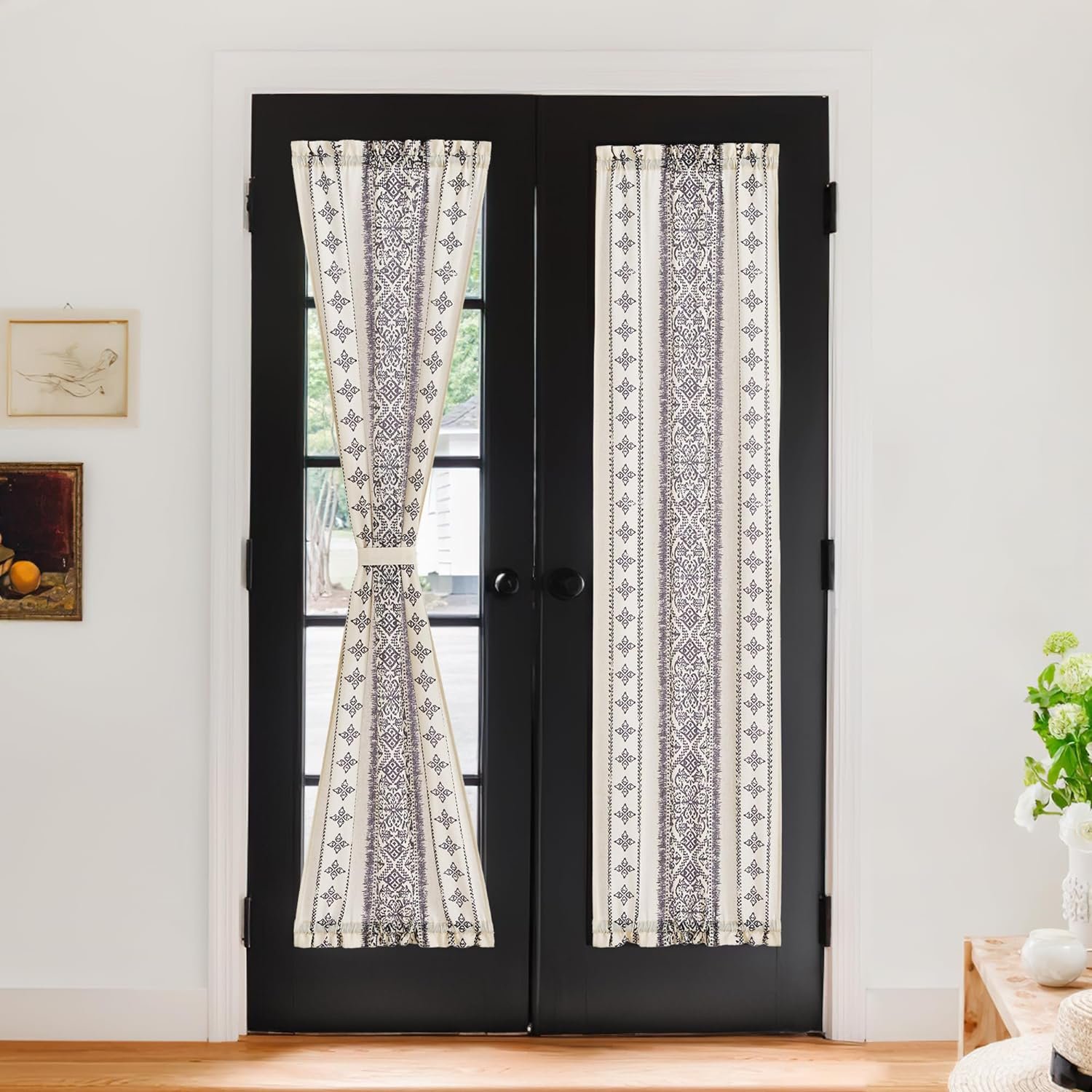 Farmhouse Linen French Door Panel, Boho Striped Privacy Door Cover with Tieback, 26 x 72 Inch