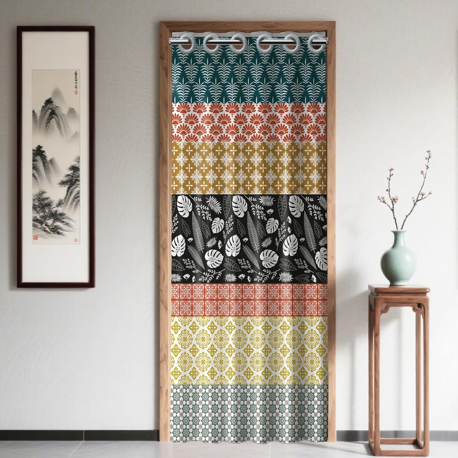 Bohemian Floral Door Panel, Tropical Plant Doorway Divider for Home and Restaurant Decor, 78 x 39 Inch