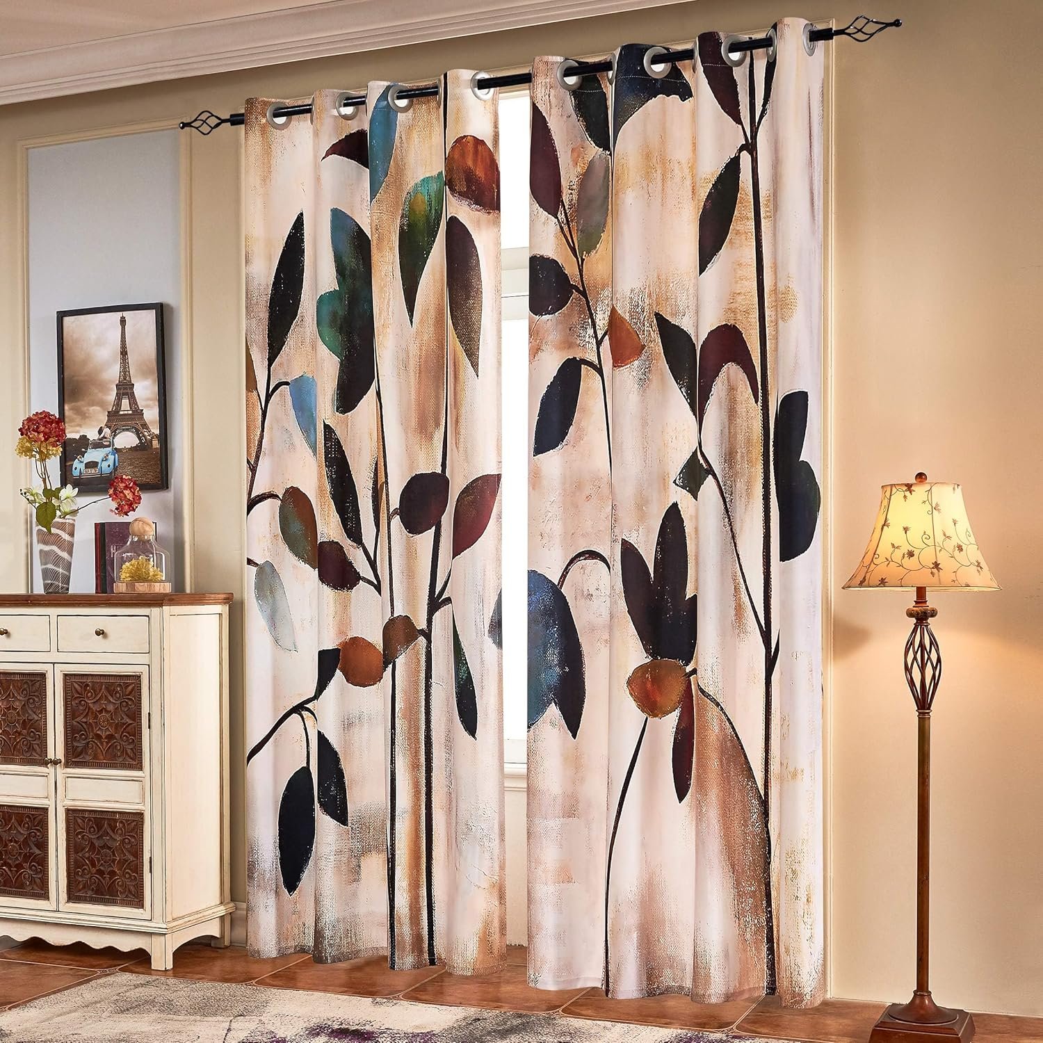 Light Filtering Floral Door Panels, Semi Blackout Farmhouse Door Covers for Living Spaces, 52 x 84 Inch